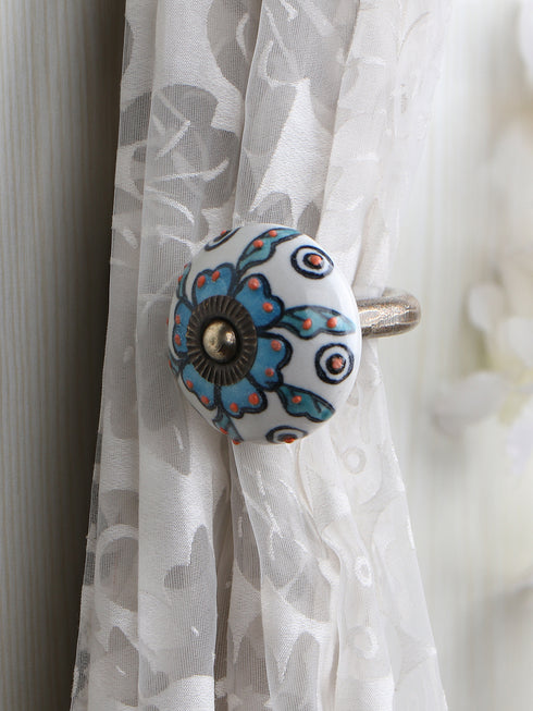 WHITE BASE TURQUOISE LEAF DESIGN CURTAIN TIE BACKS HOOK - (SET OF TWO PIECES)